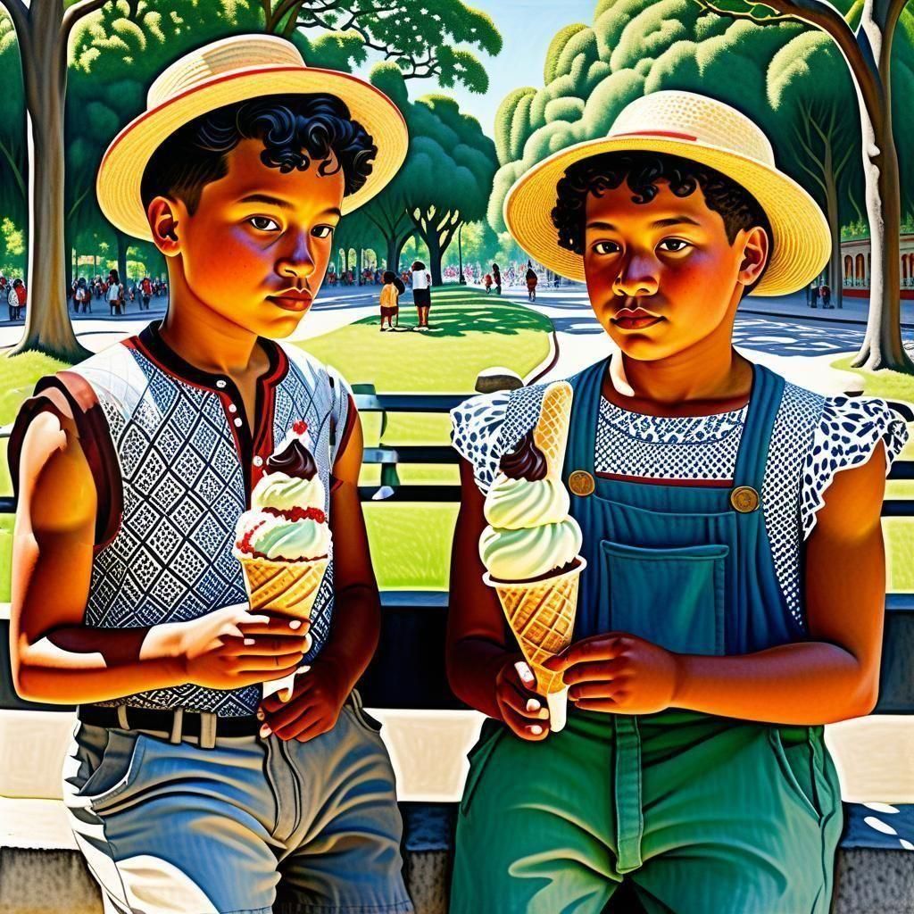 Siblings Enjoying Ice Cream in City Park