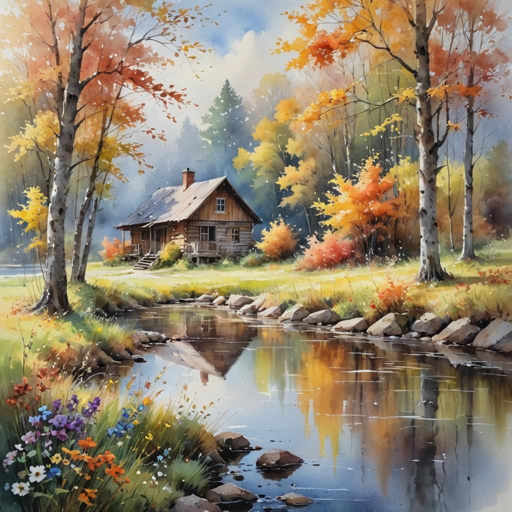 Luminescent Autumn Landscape Watercolor Painting