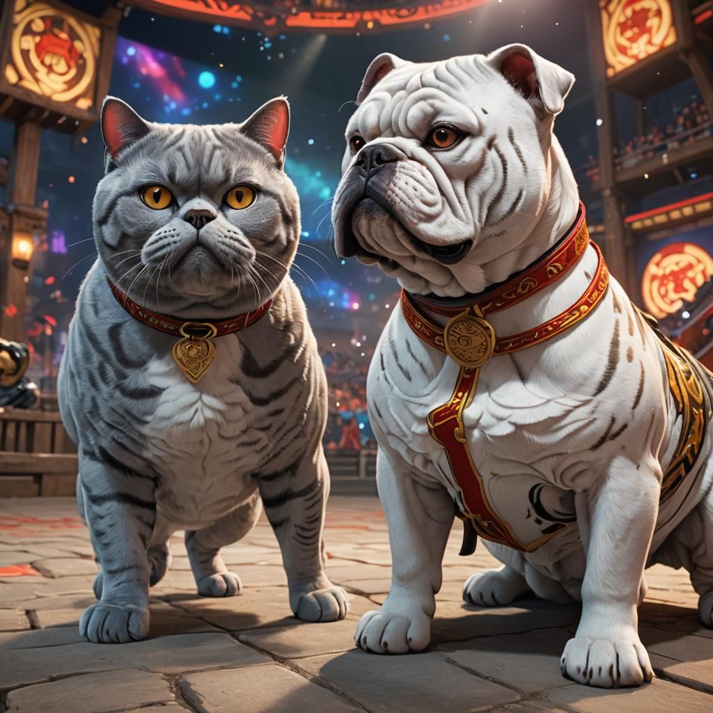 Anime British Shorthair Cat vs Bulldog Showdown