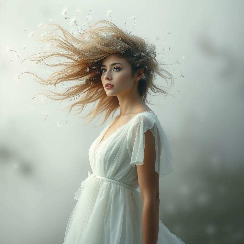 Surreal Dandelion Goddess Transforms in Whimsical Dreamscape