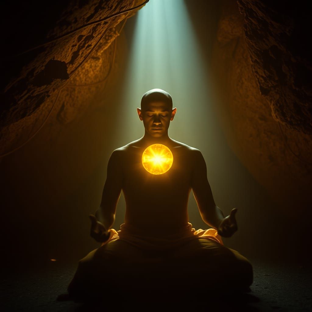 Meditating Monk with Jewel in Gilded Aura