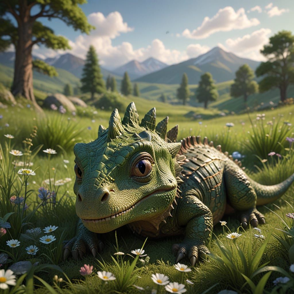 Adorable Baby Dinosaur Sleeping in Sunny Meadow
