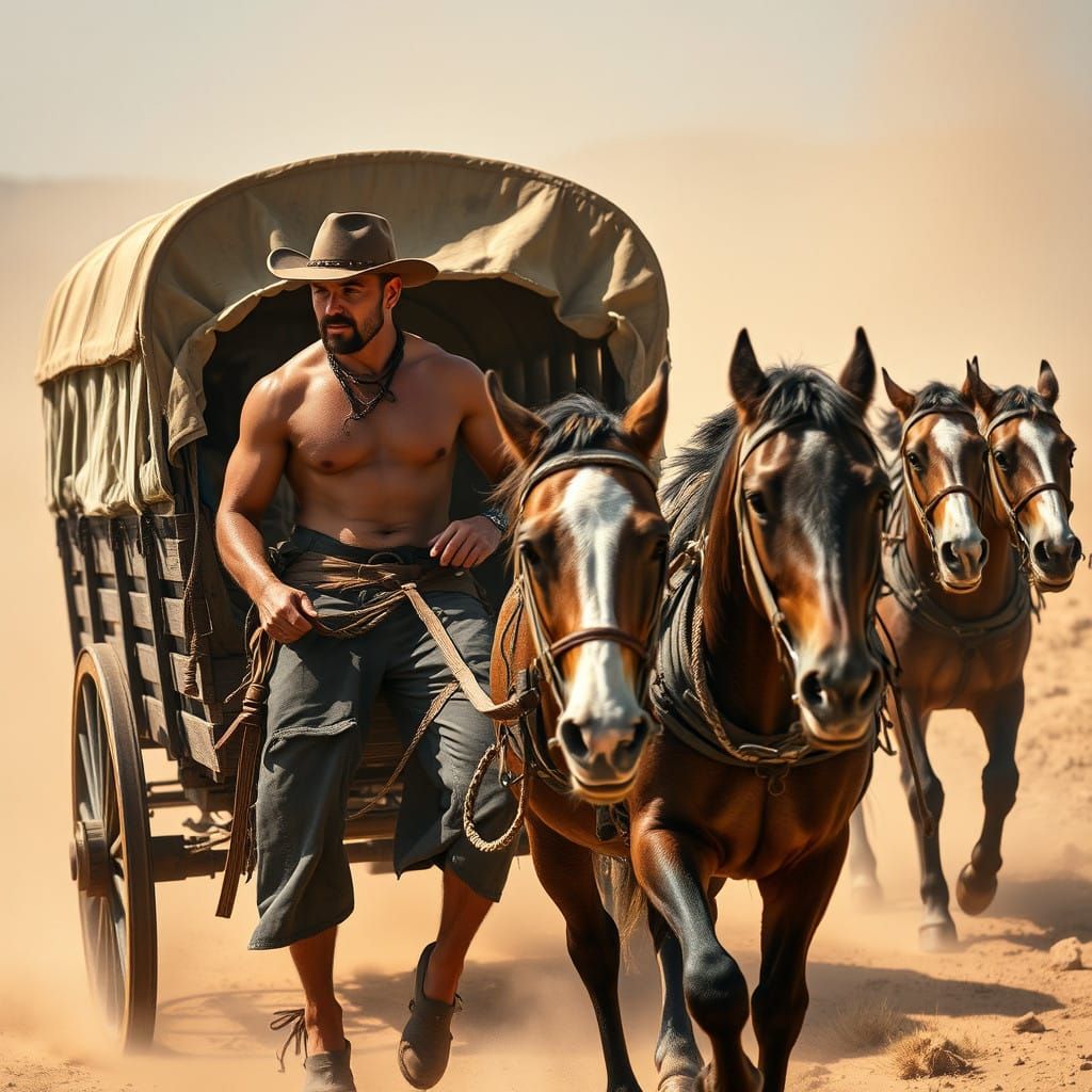 Two Handsome Men Steer Conestoga Wagon Across Western Fronti...