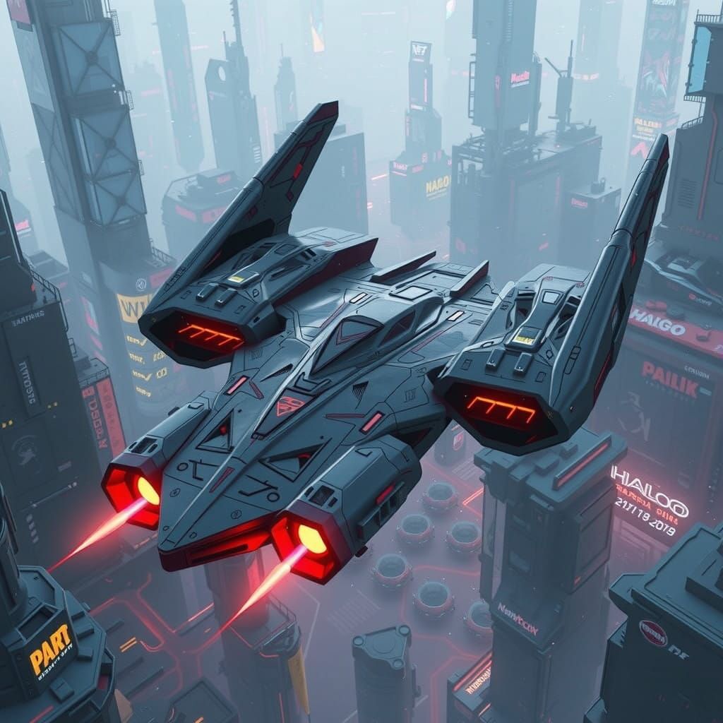 Cyberpunk Futuristic Winged Spaceship in Dystopian Cityscape