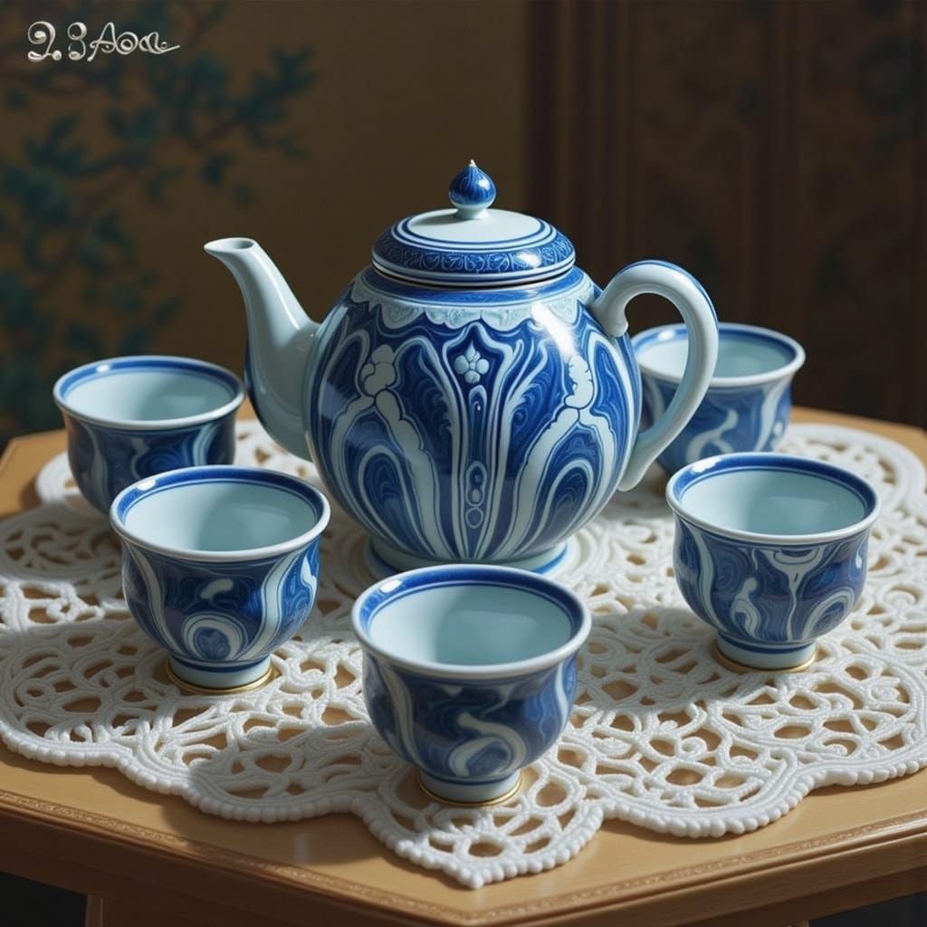 Blue and White Chinese Teapot Set on Lace-Covered Table