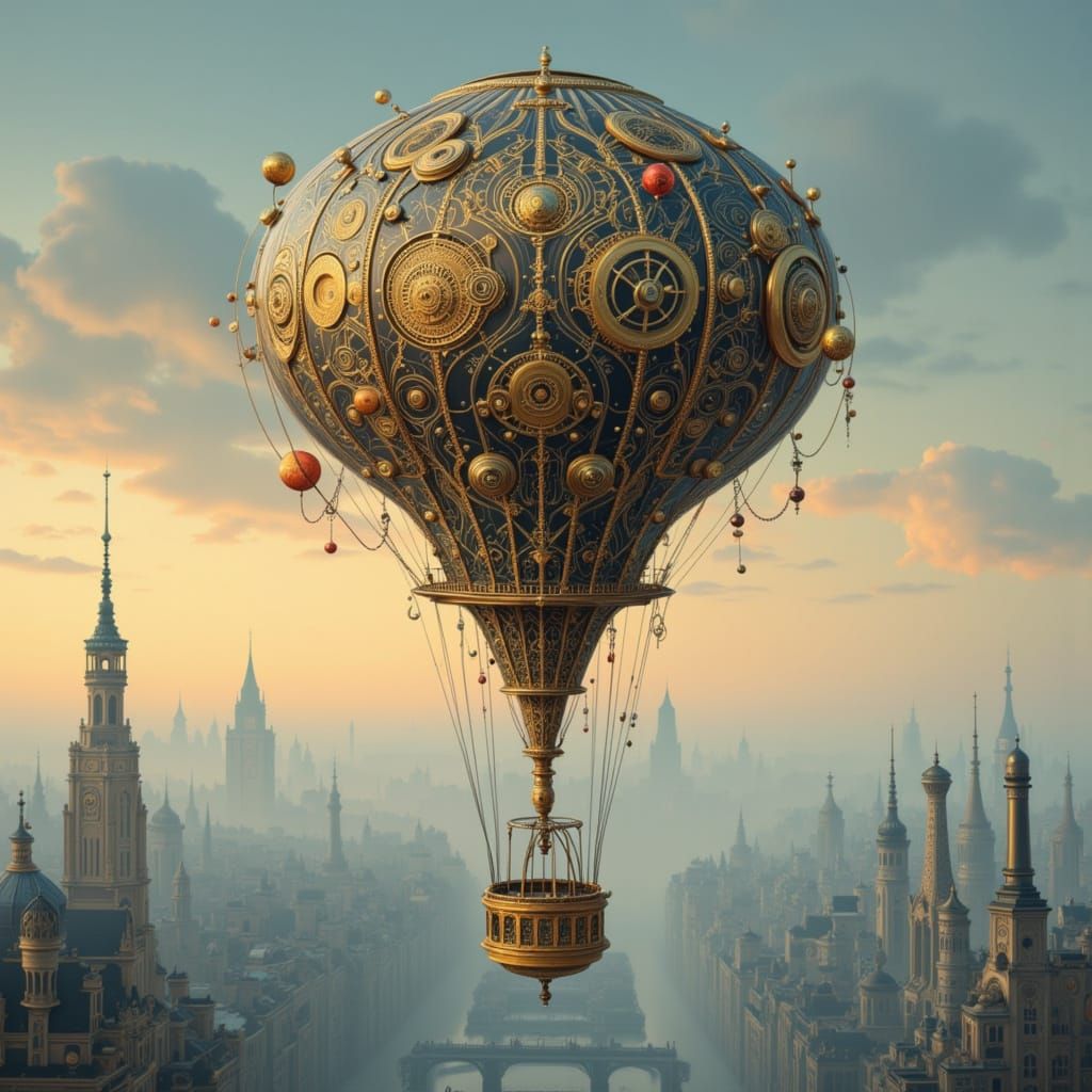 Steampunk Hot Air Balloon Over Victorian Cityscape