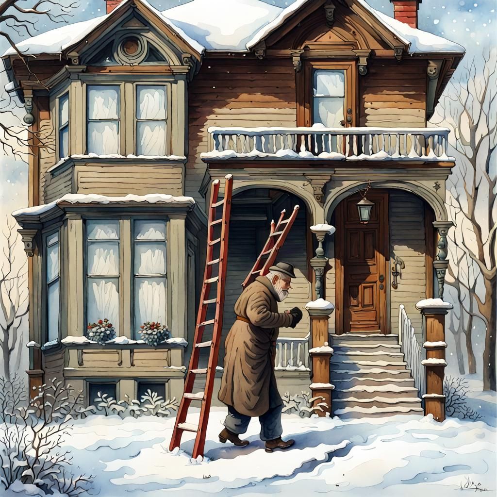 Festive Winter Scene with Old Man and Ladder