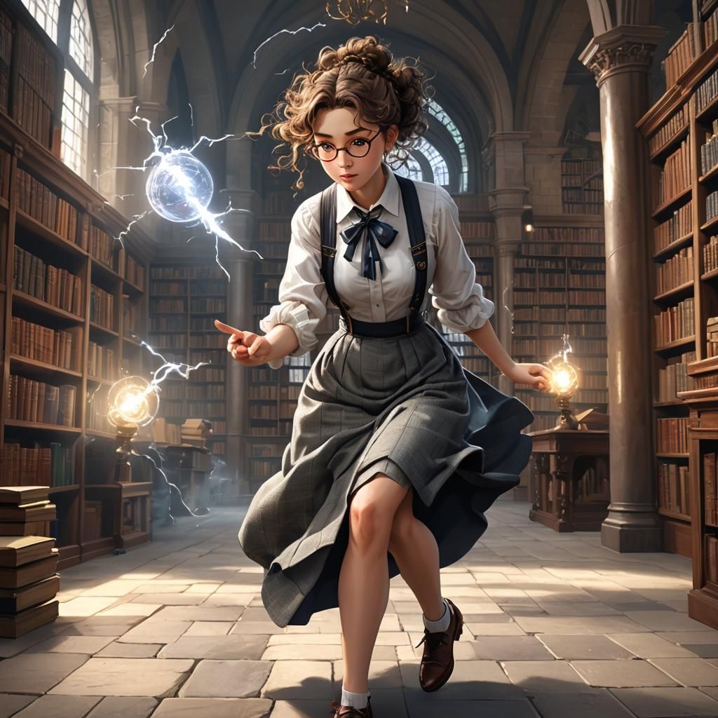 Librarian Woman Conjuring Lightning: Anime-Inspired 3D Art
