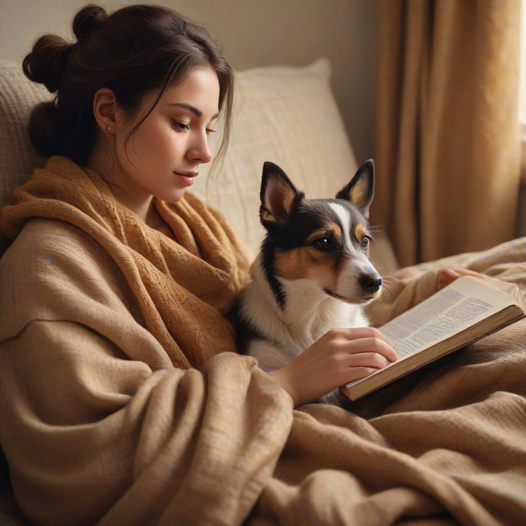 Cozy Reading Nook: Woman and Dog in Warm Oil Painting Style
