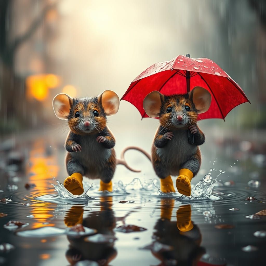 Cute Mice in Spring Rain Digital Matte Painting