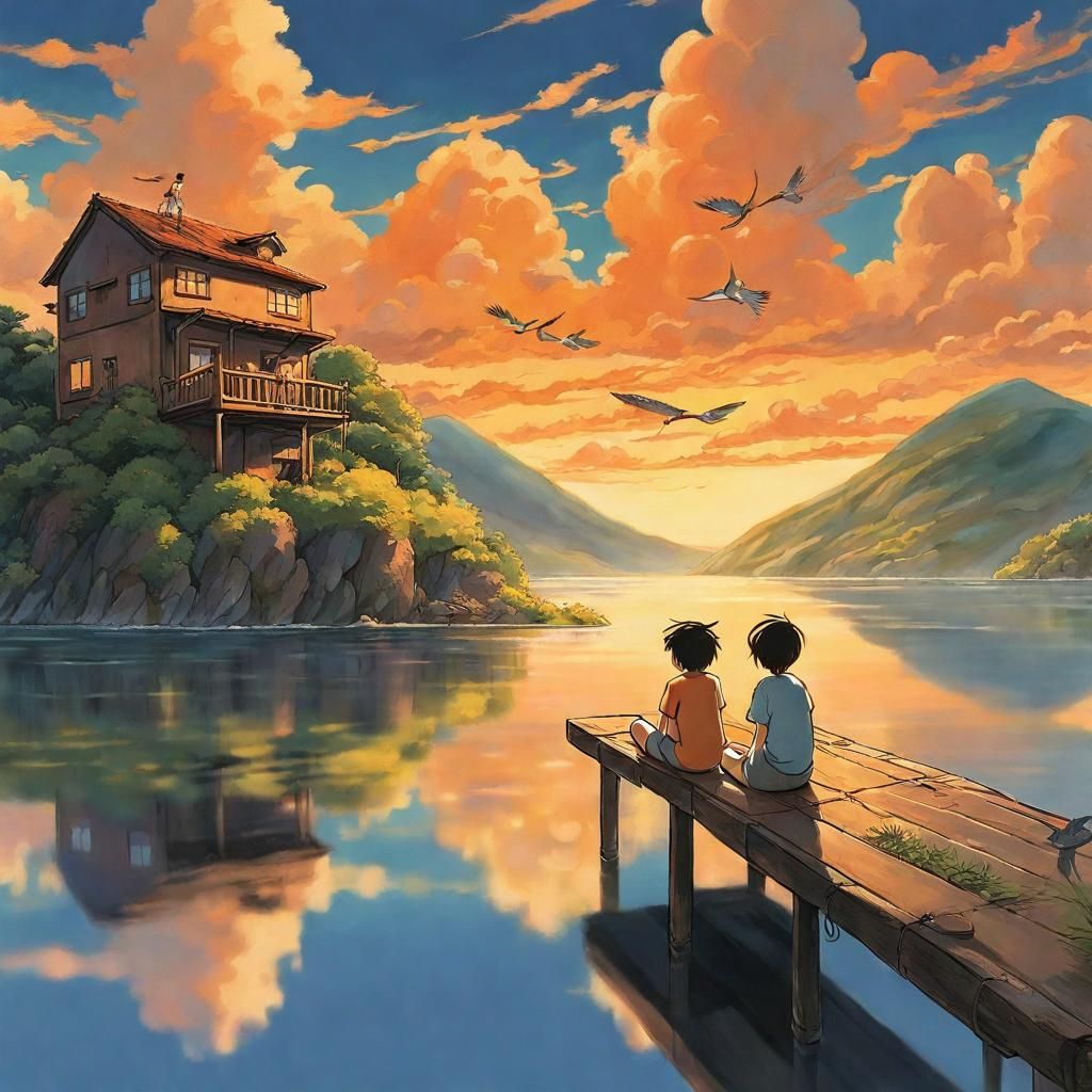 house on a hilly mountain surrounded by water; children on dock watching the sunset