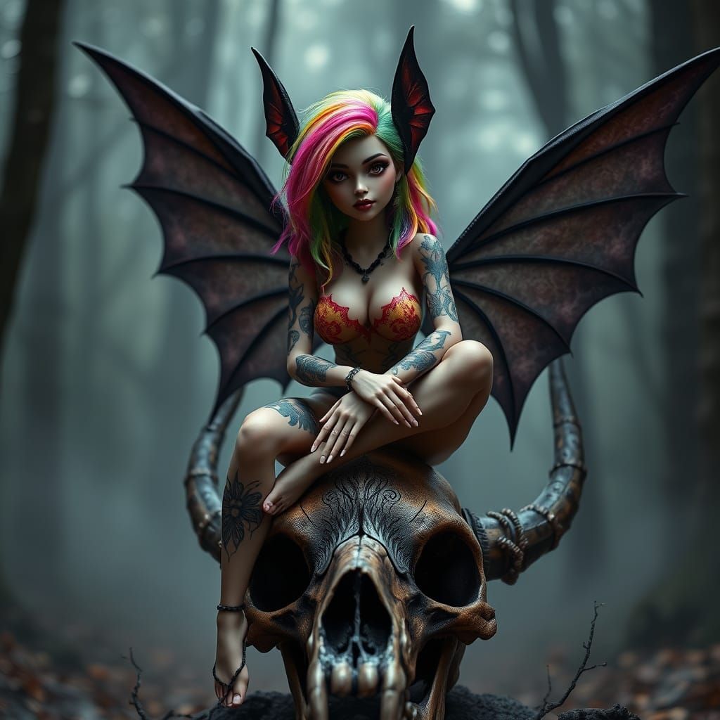 Mystical Pin-Up Faerie with Bat Wings