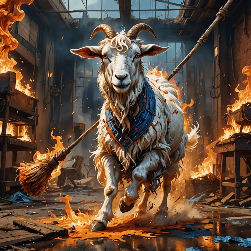 Fiery Goat Mop Rider in Fantastical Landscape