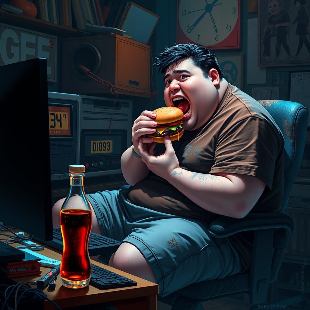 Hunched Male Typist in Anime Style