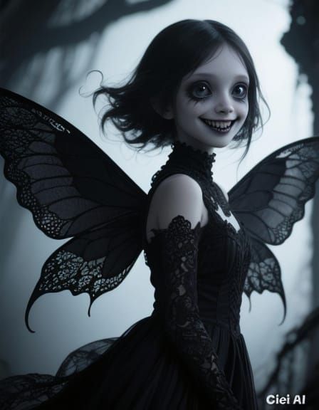 Gothic Fairy Girl with Black Lace Wings