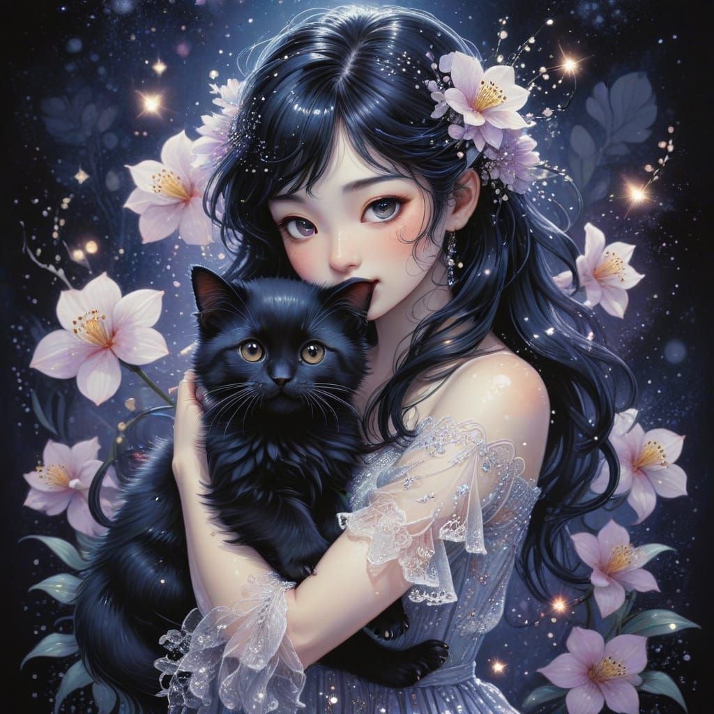 Chibi Fairy Adorns Kitten with Black Orchids in Whimsical An...