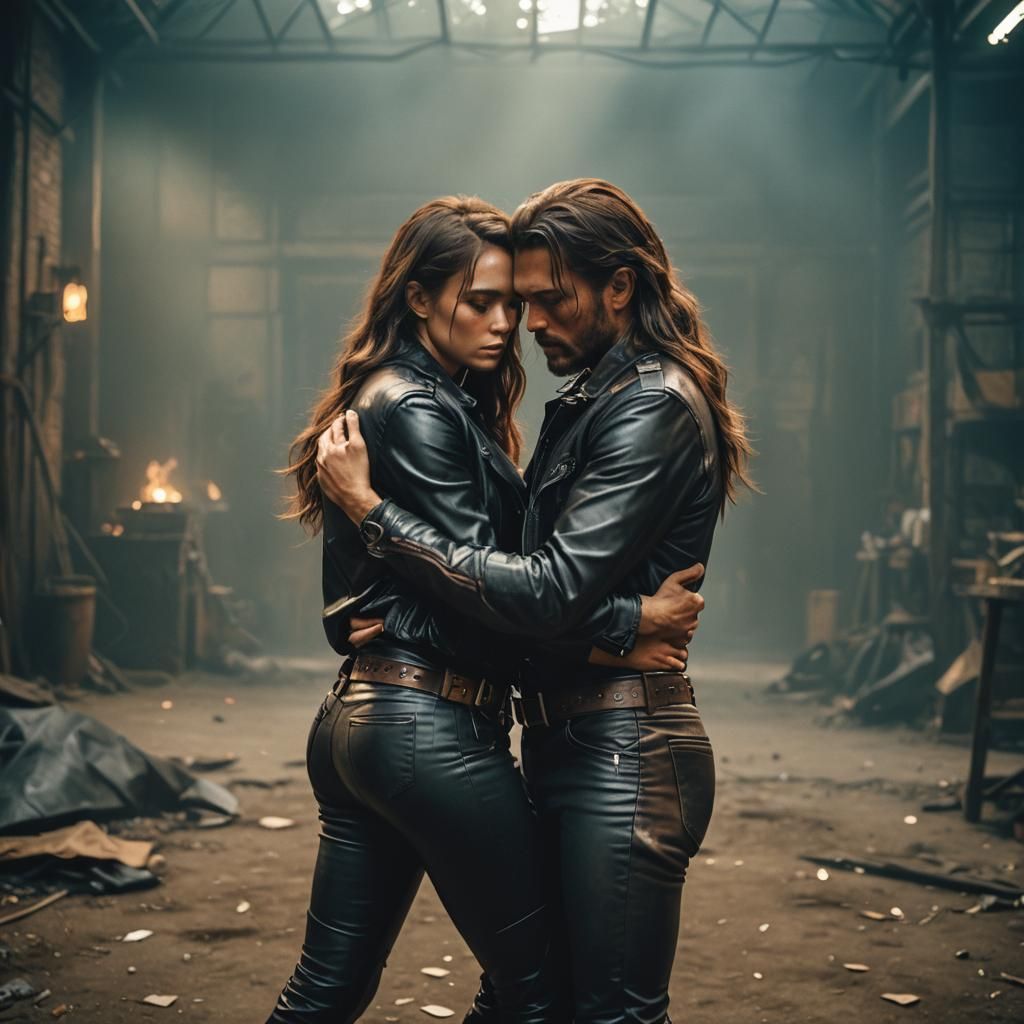 Cinematic Embrace: Biker Couple in Dramatic Lighting