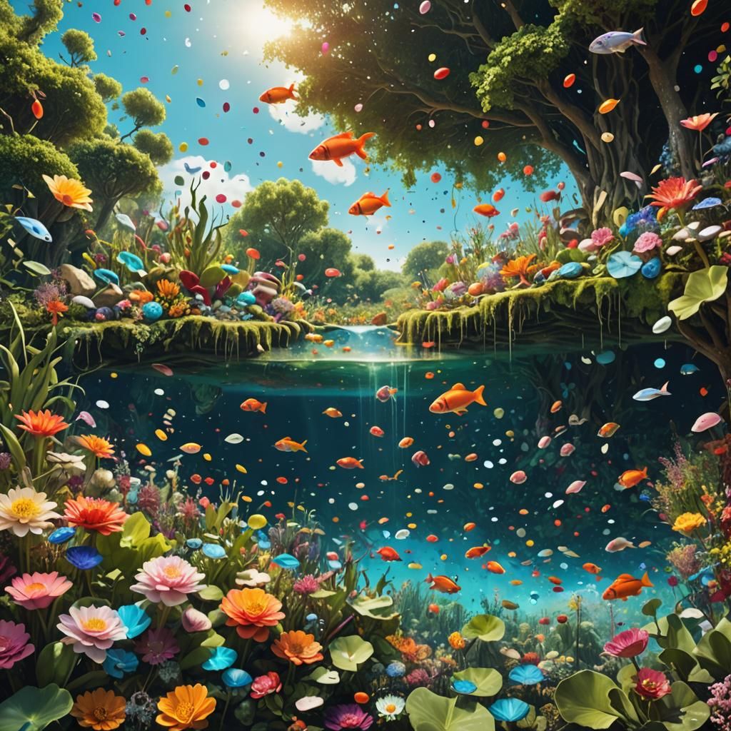 Surreal Sky Pool in Pointillism Style