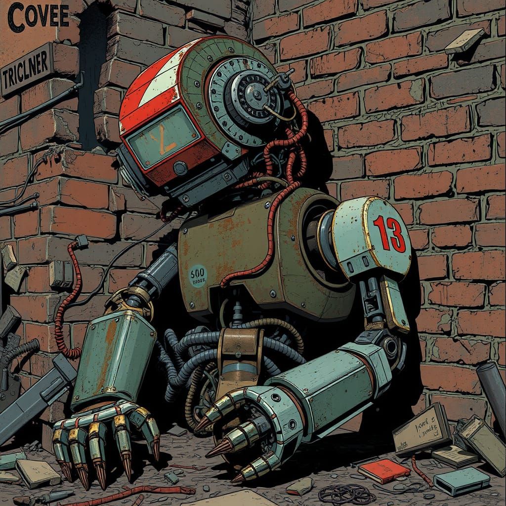 Rusty Robot in a Dystopian Cityscape, Graphic Illustration