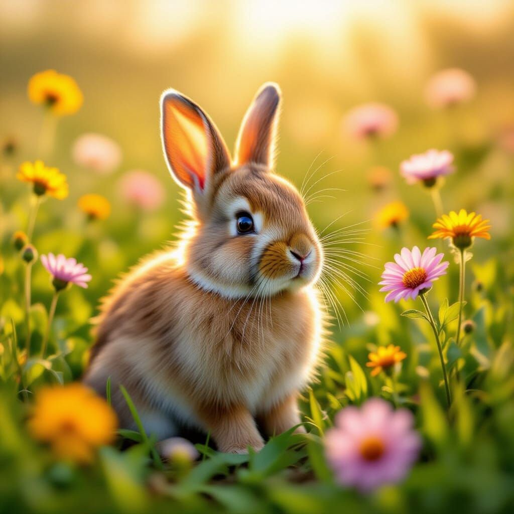 Fluffy Rabbit in Sunlit Meadow