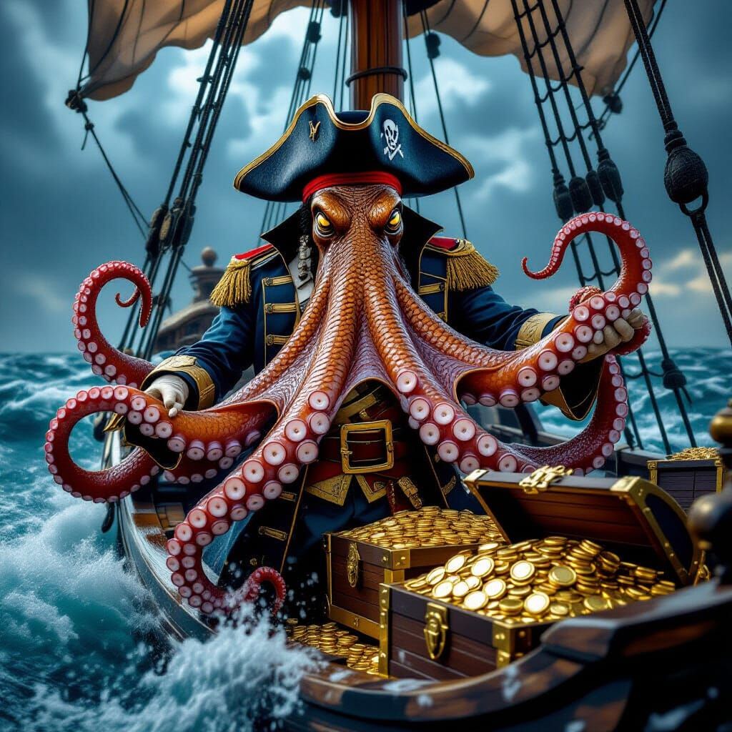 Octopus Pirate Captain at Helm in Stormy Seas