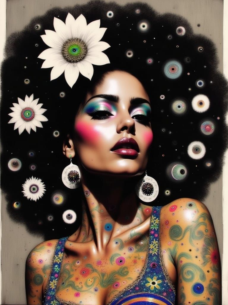 Diana Ross Portrait in Bohemian Tattoo Collage Style