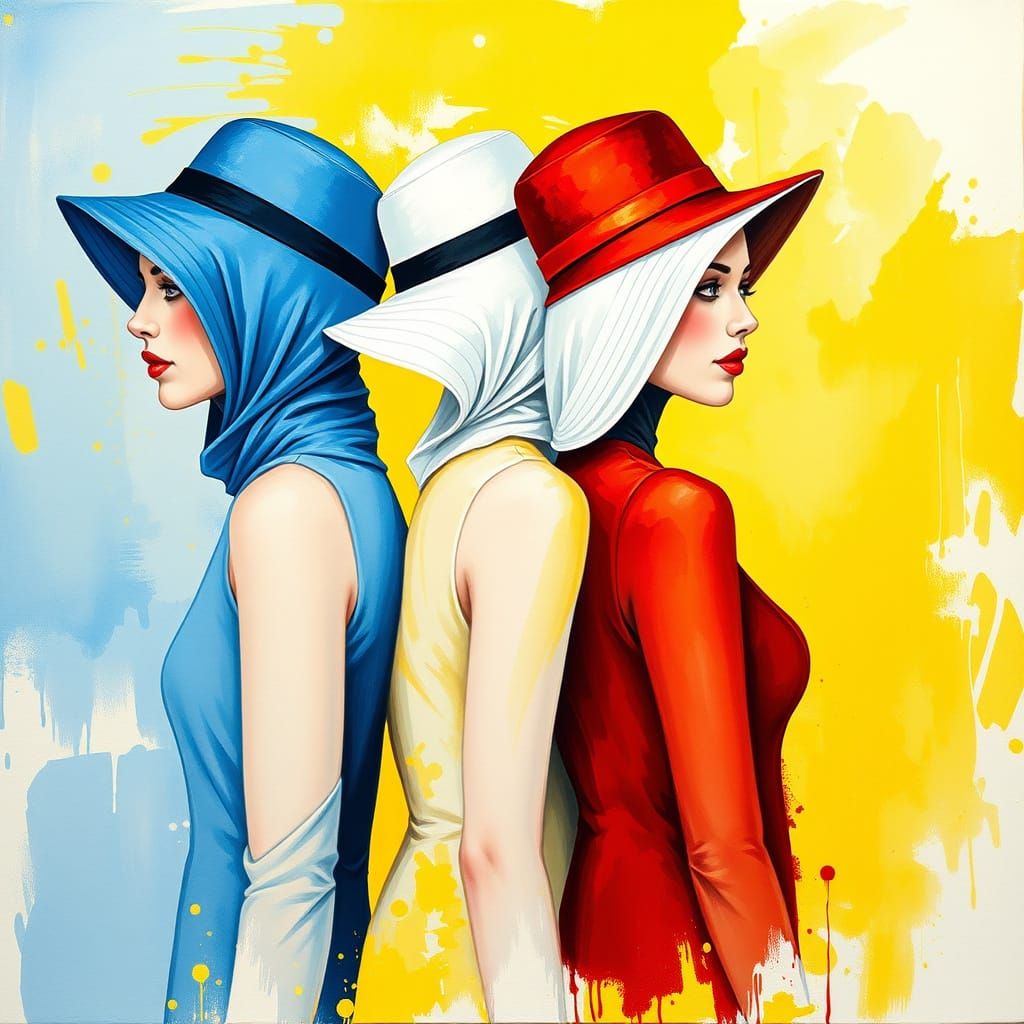 Three Women in Hats, Abstract Impasto Gouache Art