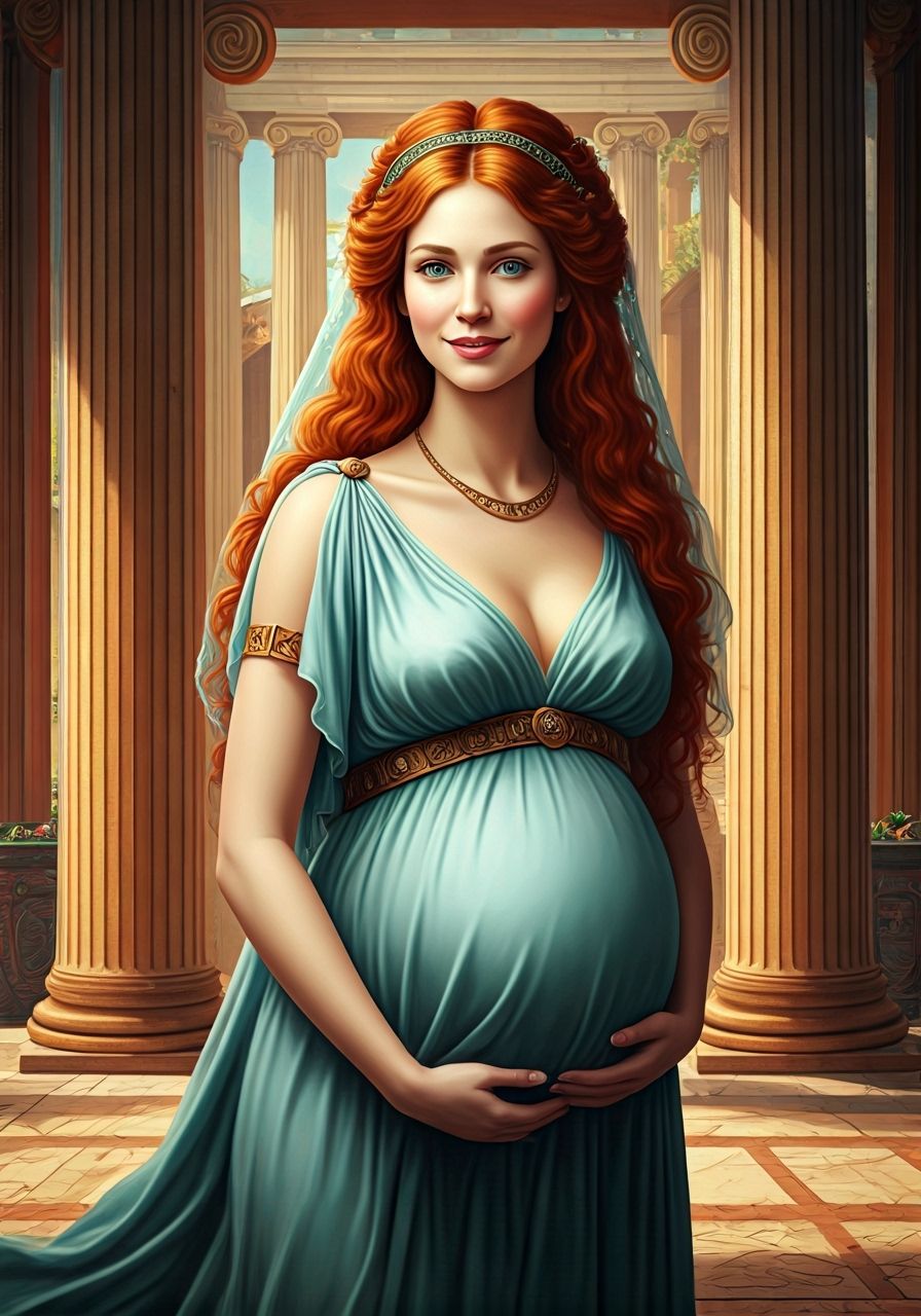 Pregnant Greek Woman in Palace, Oil Painting Style