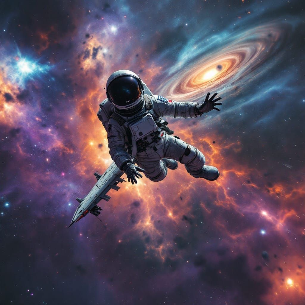 Astronaut Ejects into a Dazzling Nebula and Galaxy