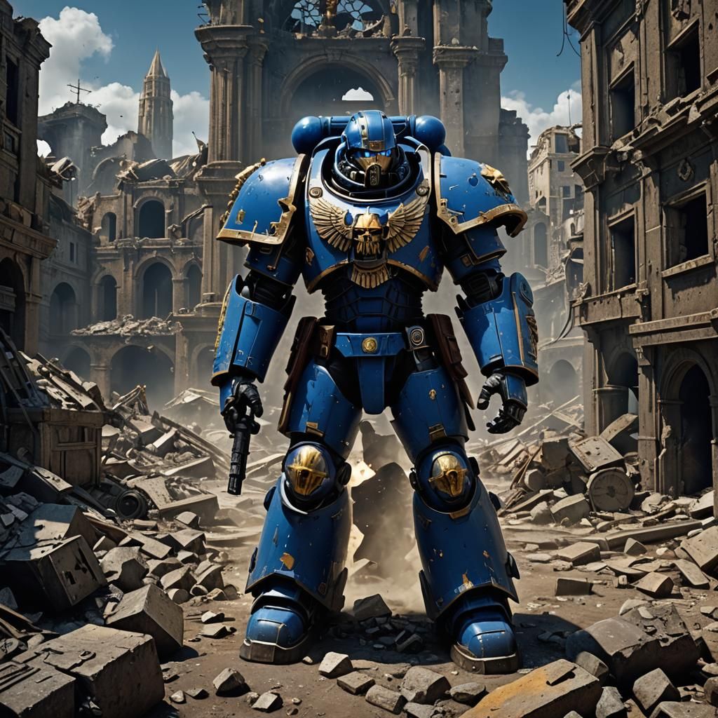 Ultramarines Space Marine in Ruined City, Detailed Matte Pai...