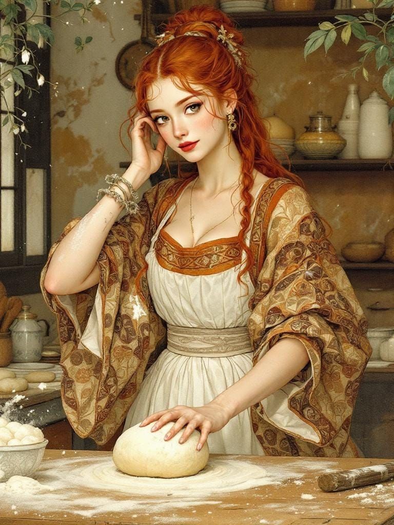 Redhead Baker in Kitchen, Nielsen and Dulac Illustration