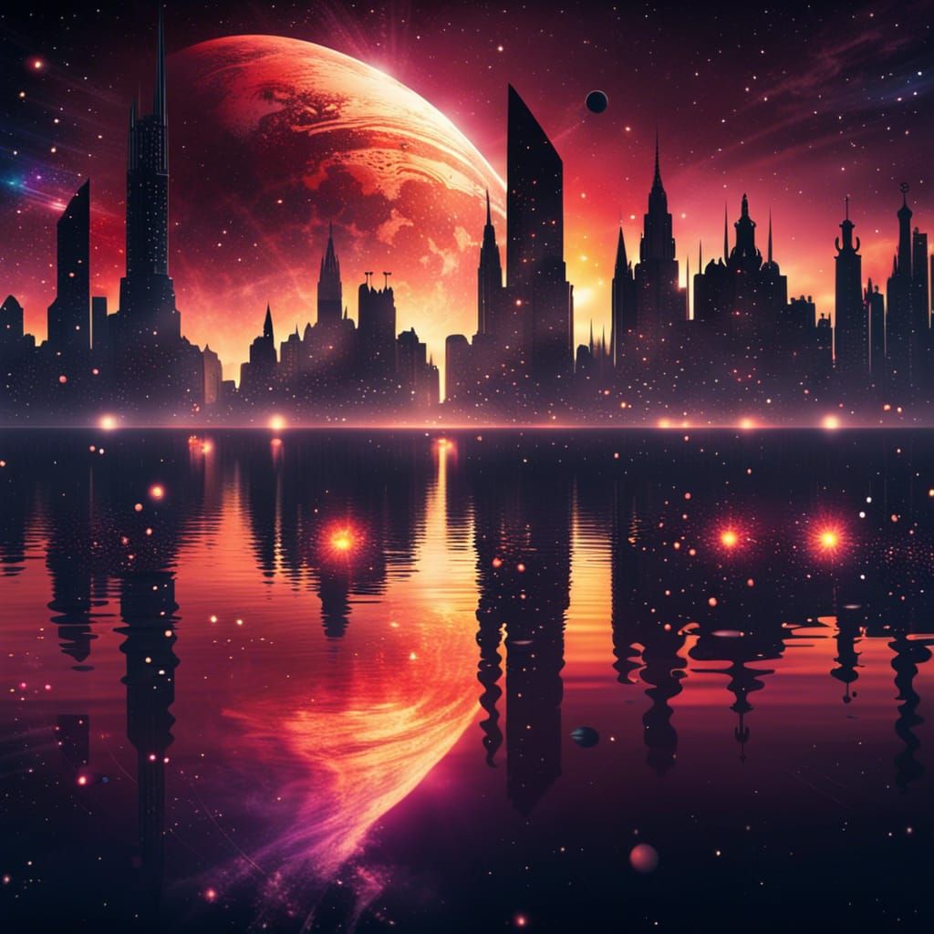 Cityscape Reflecting Space Nebula at Sunset