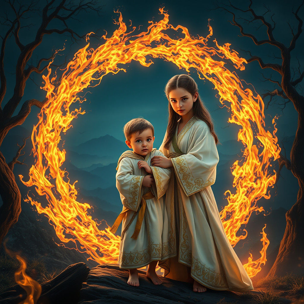 Protective Fire Shield: Siblings in Mystical Forest
