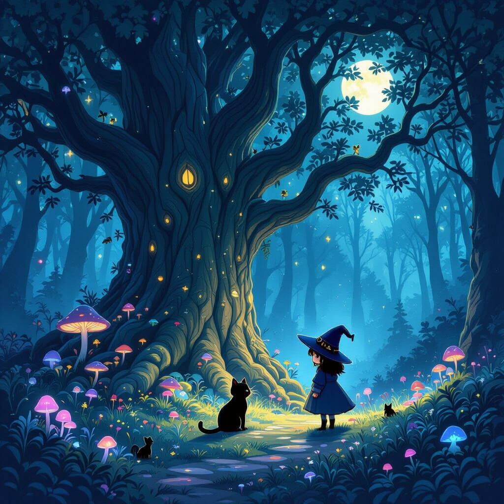 Mystic Witch and Cat in Enchanted Forest at Night