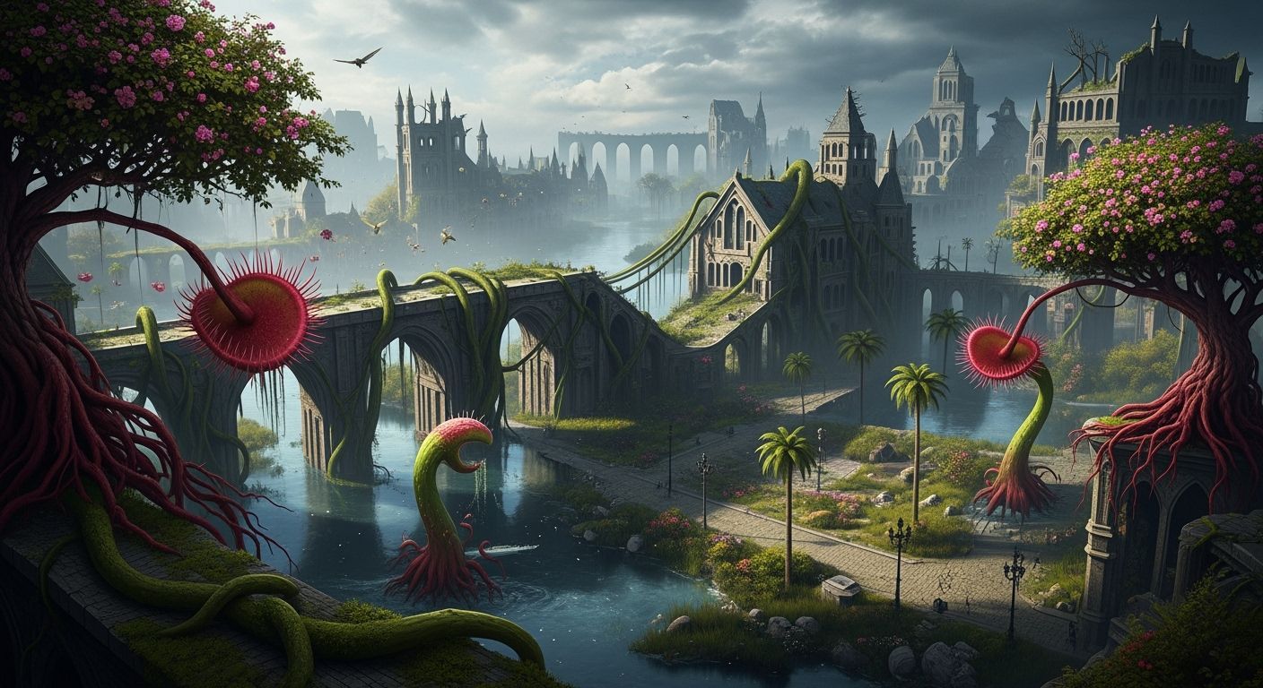 Dystopian Gothic City Overrun by Nature