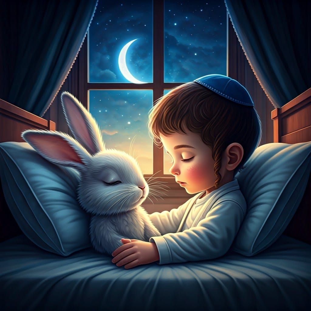 Boy and Bunny Sleeping Under Reflected Starlight