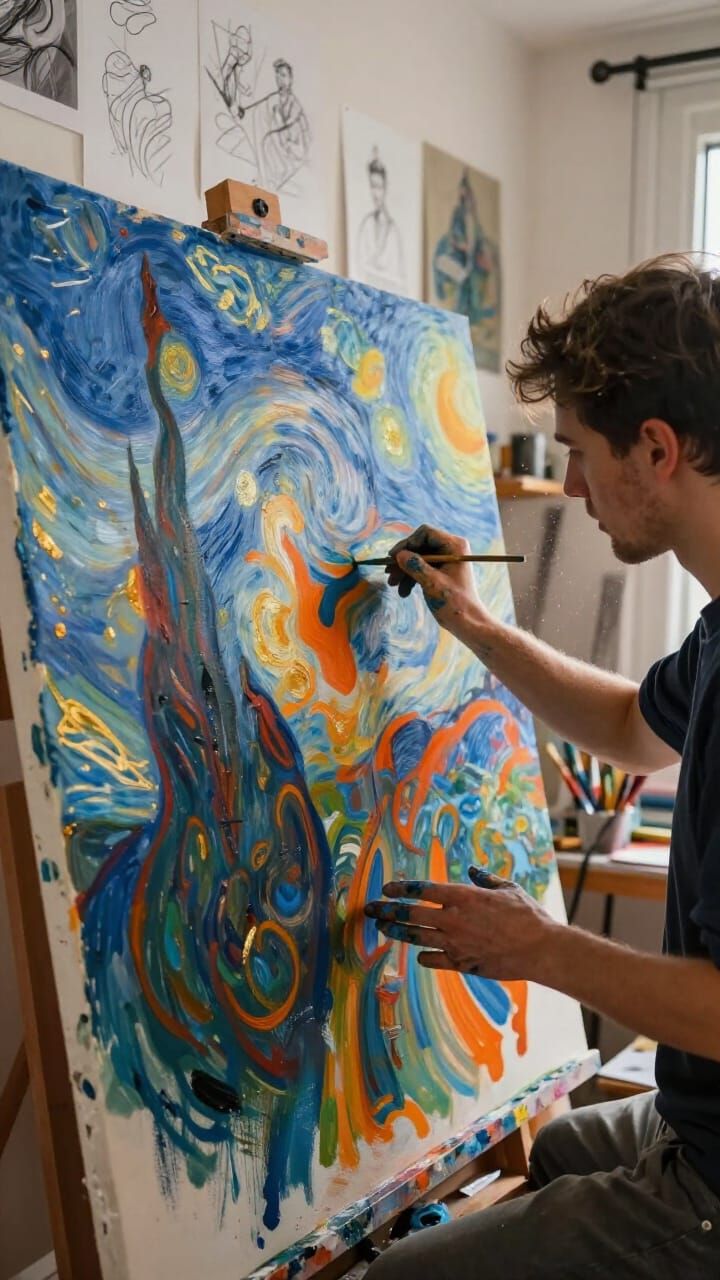 Artist Creates Vibrant Abstract Masterpiece in Studio