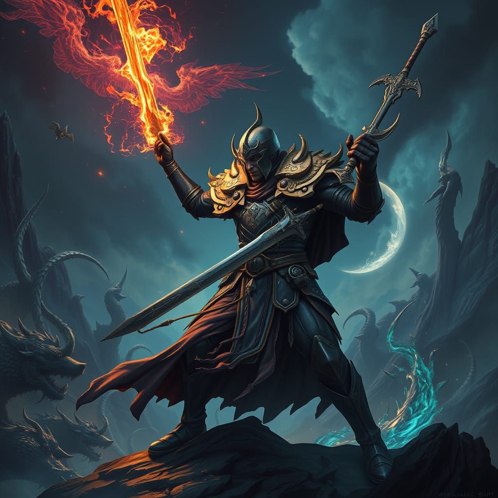 Mystical Warrior Conjuring Magic in Fantasy Landscape