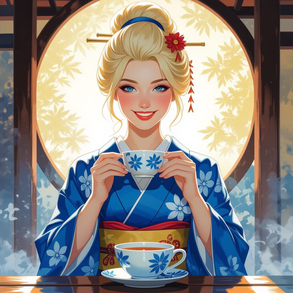 Blonde Geisha Smiling Over Tea in Watercolor Style