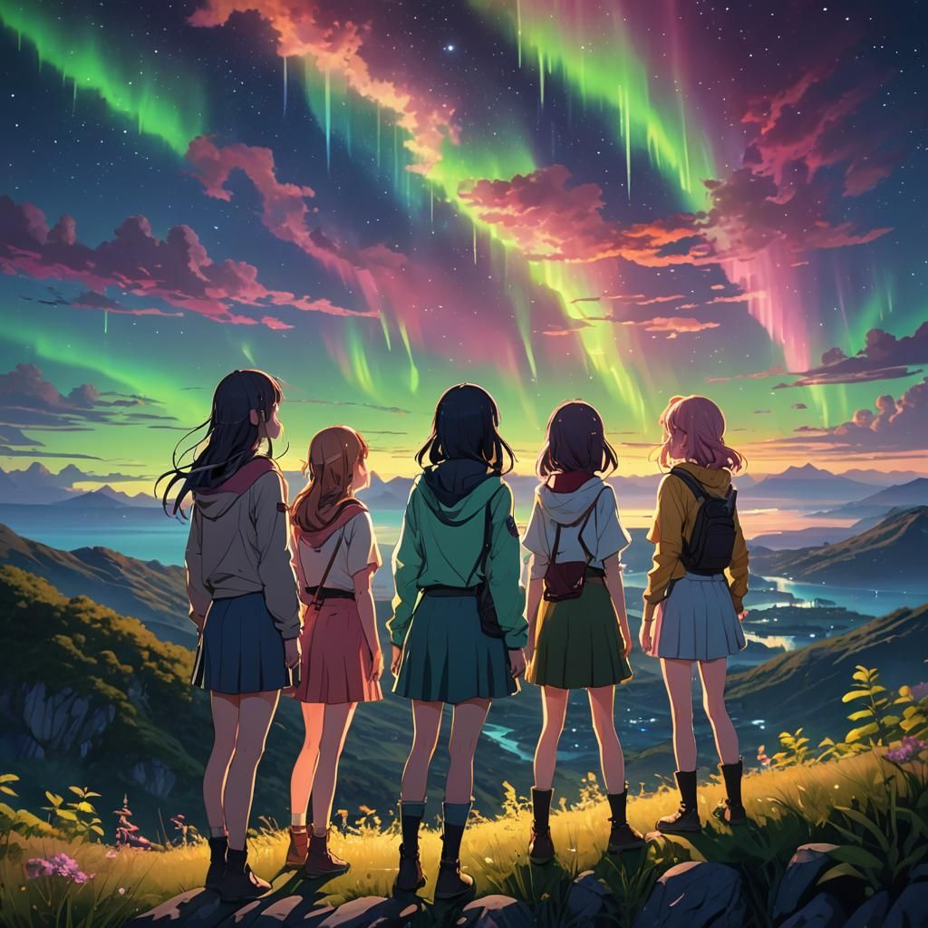 Anime Girls on Hilltop Overlooking Jungle and Ocean