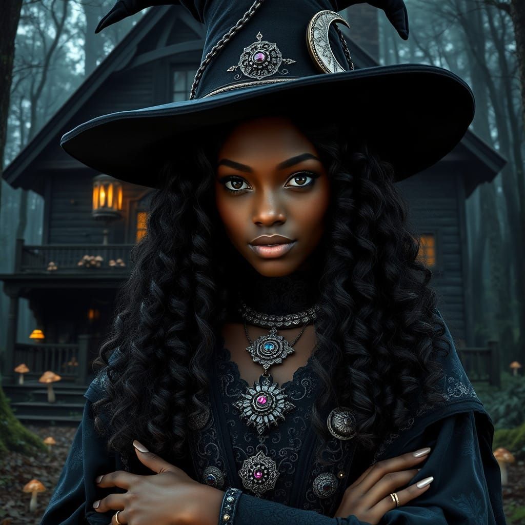 Mysterious Black Witch Poses in Front of Ancient, Shrouded M...