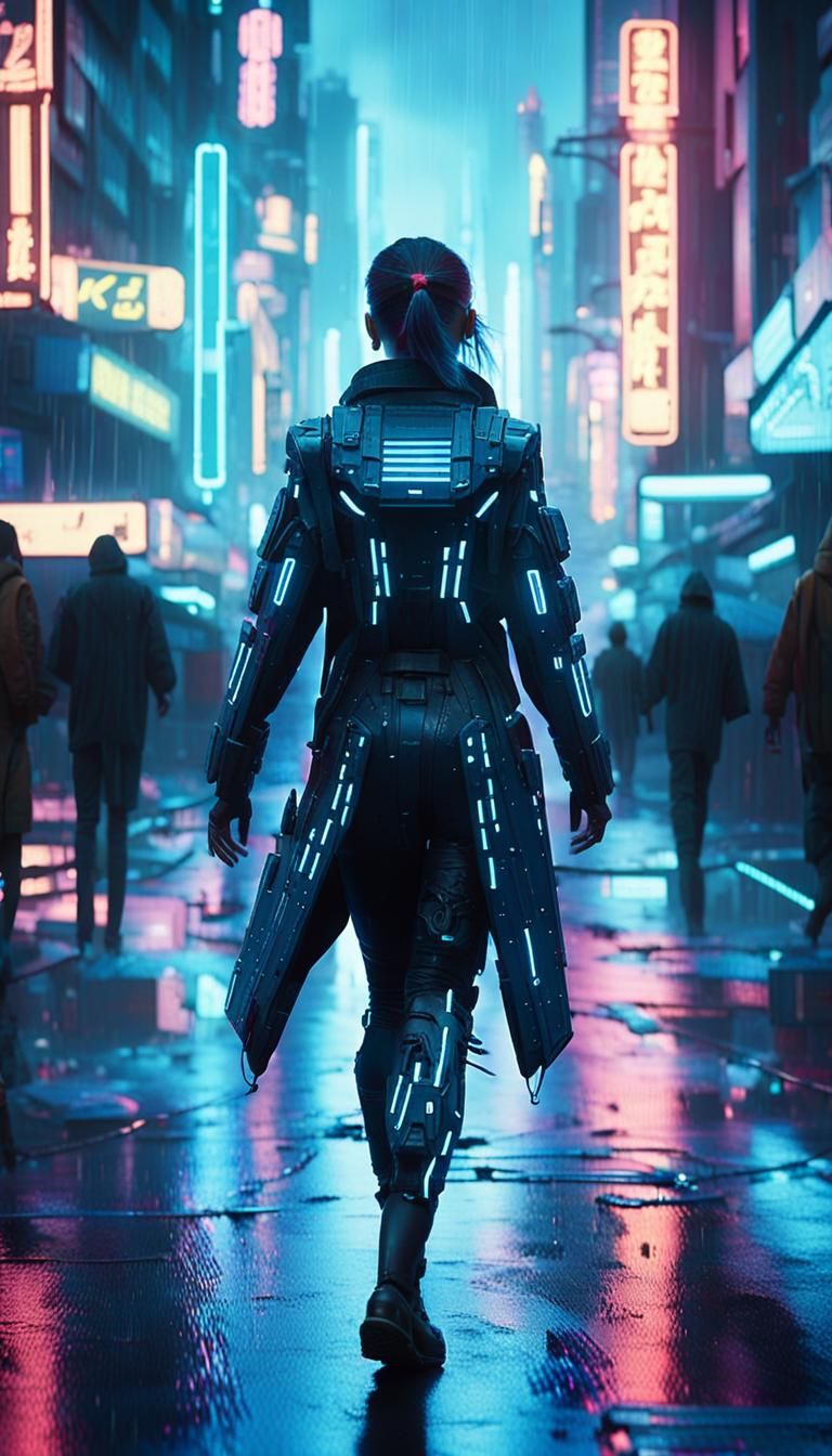 Cyberpunk Goddess Walks Rainy City Streets