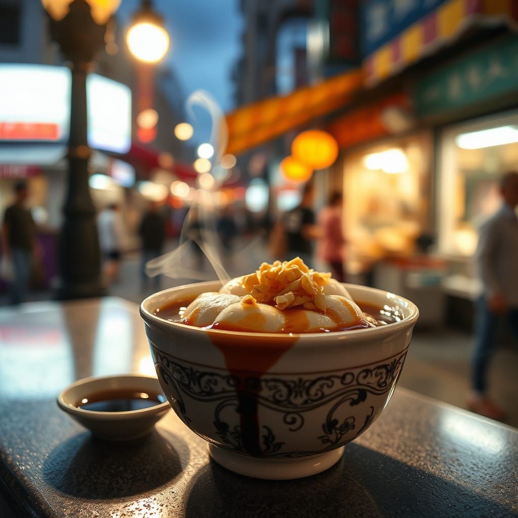 Steaming bowl of douhua, a soft tofu pudding, glistening und...