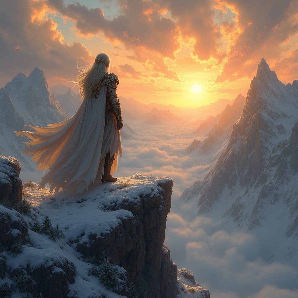 Epic Fantasy Elves in a Dragon-Filled Sunset Landscape