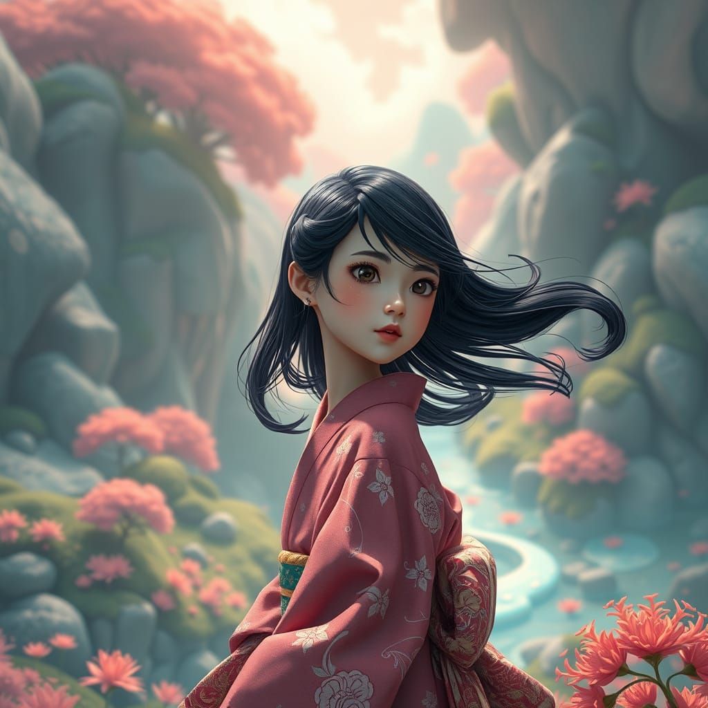 Japanese Girl in Dreamlike Fantasy Landscape