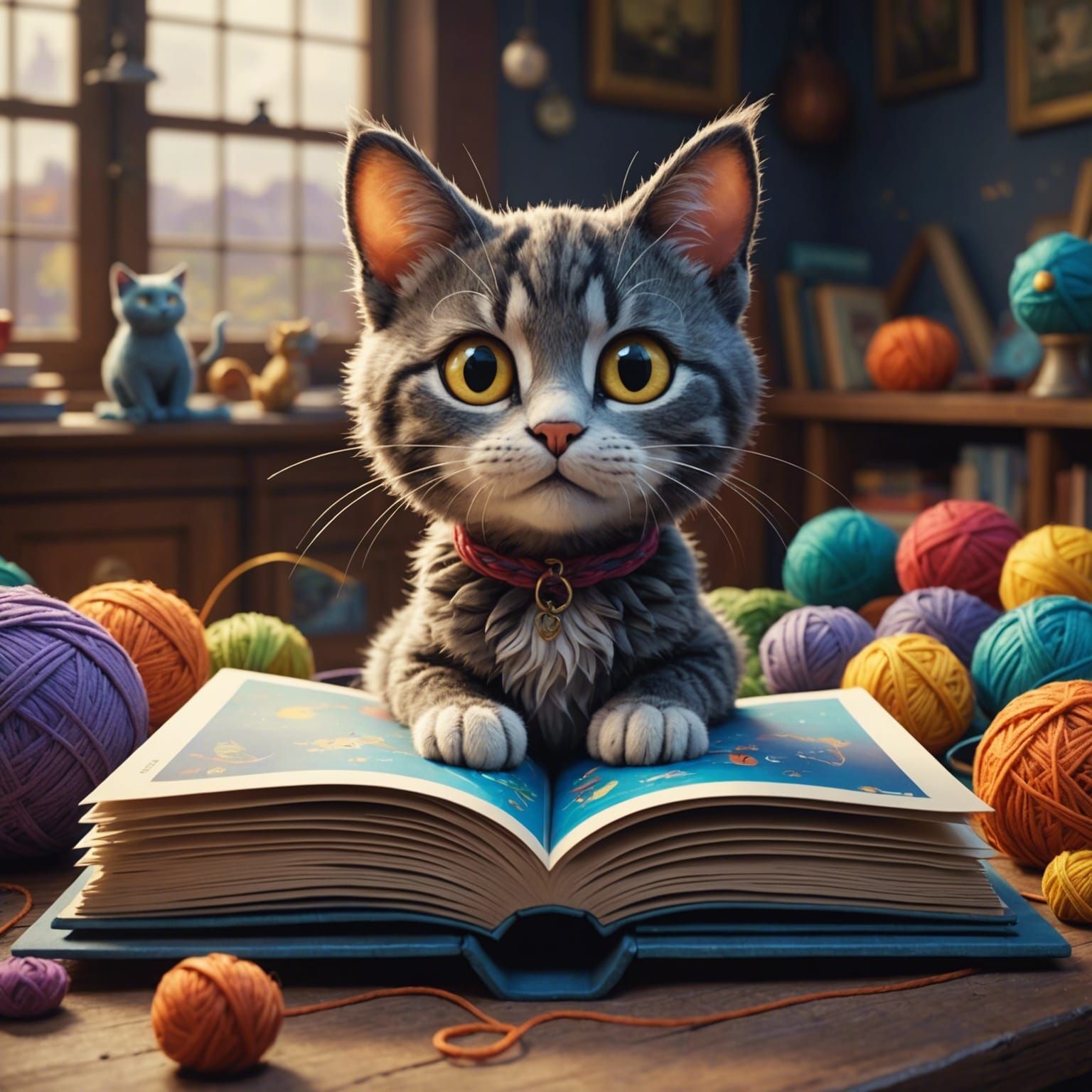 Cat and Yarn Pop-Up Book in Disney-Pixar Style