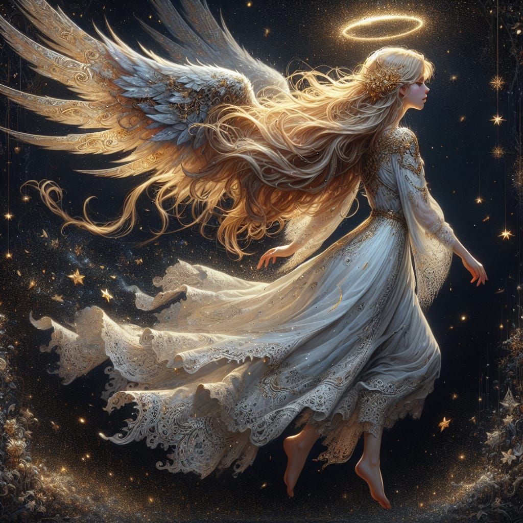 an angel flowing in  a starry night