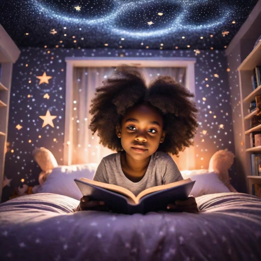 Girl Reads in Starry Magical Bedroom