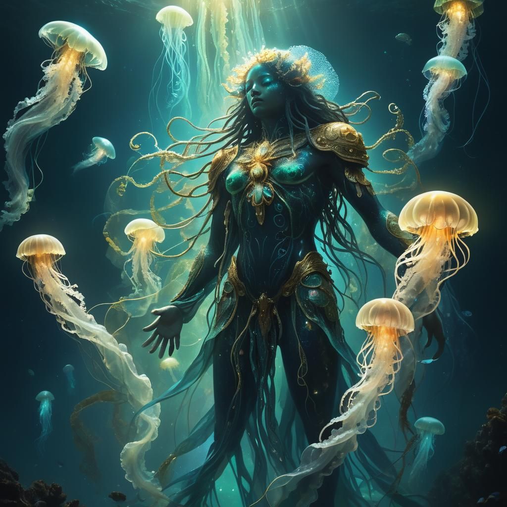 Aquatic Deity Rises from Bioluminescent Ocean Depths