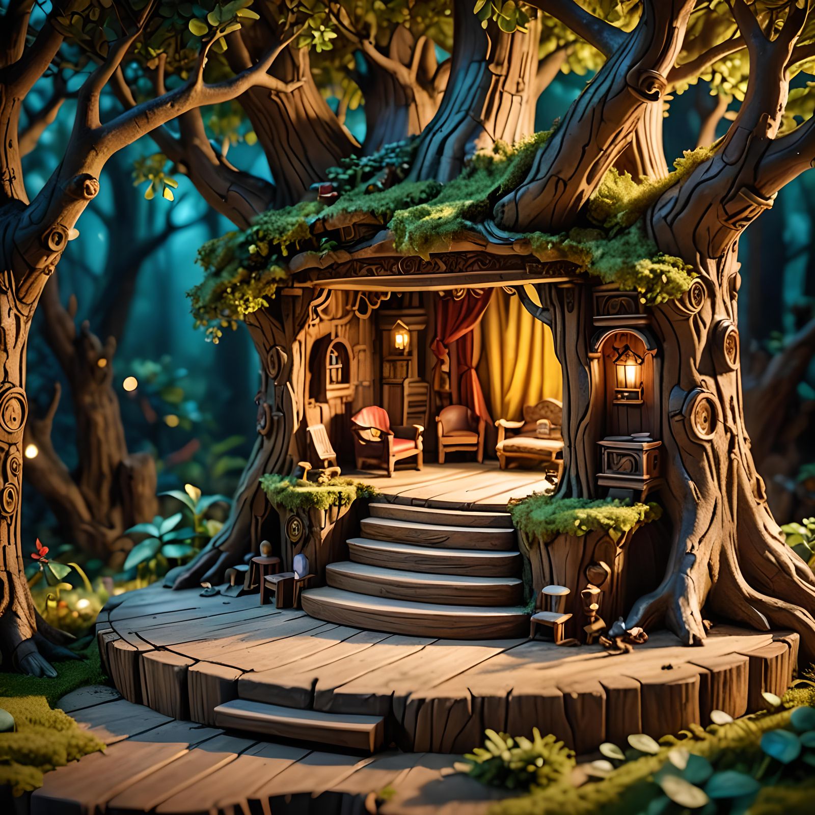 Cozy Wooden Theatre Stage Diorama in Tree Trunk